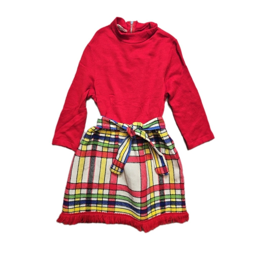 Vintage Girls Dress 8 Red Acrylic  Belted Long-Sleeve Union‎ Made
